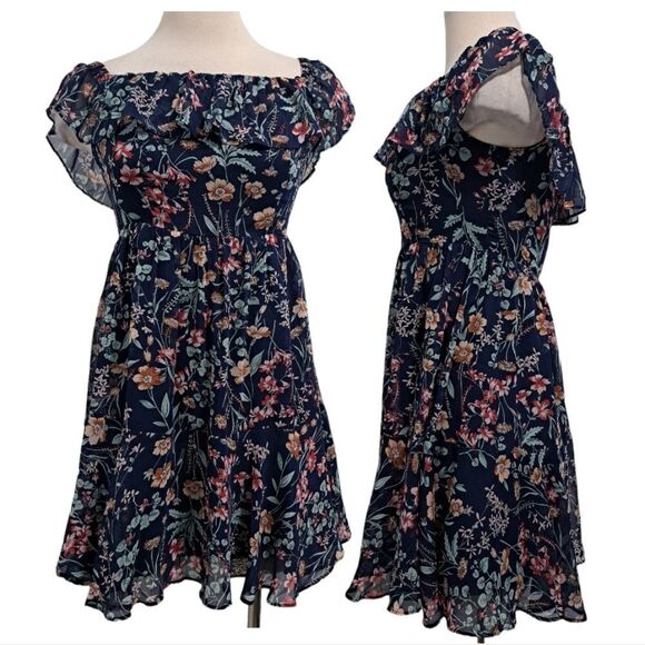 Lulu's Floral Print My Favorite Off The Shoulder Dress Navy Blue Small NWT - Picture 3 of 14